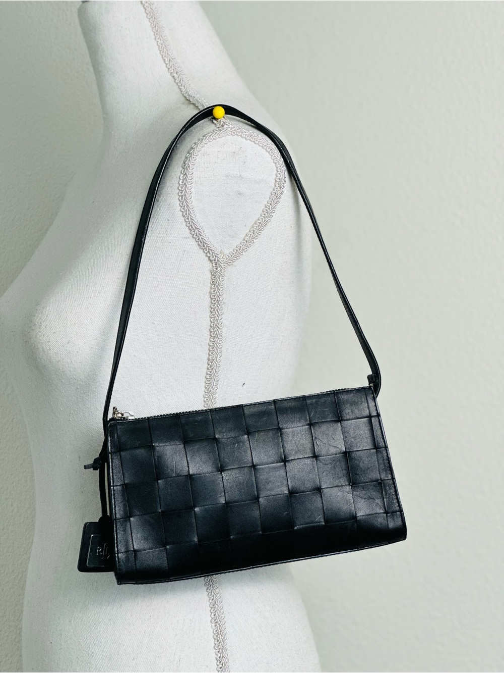 Lauren Ralph Lauren Y2K Black Leather Woven Shoulder Bag